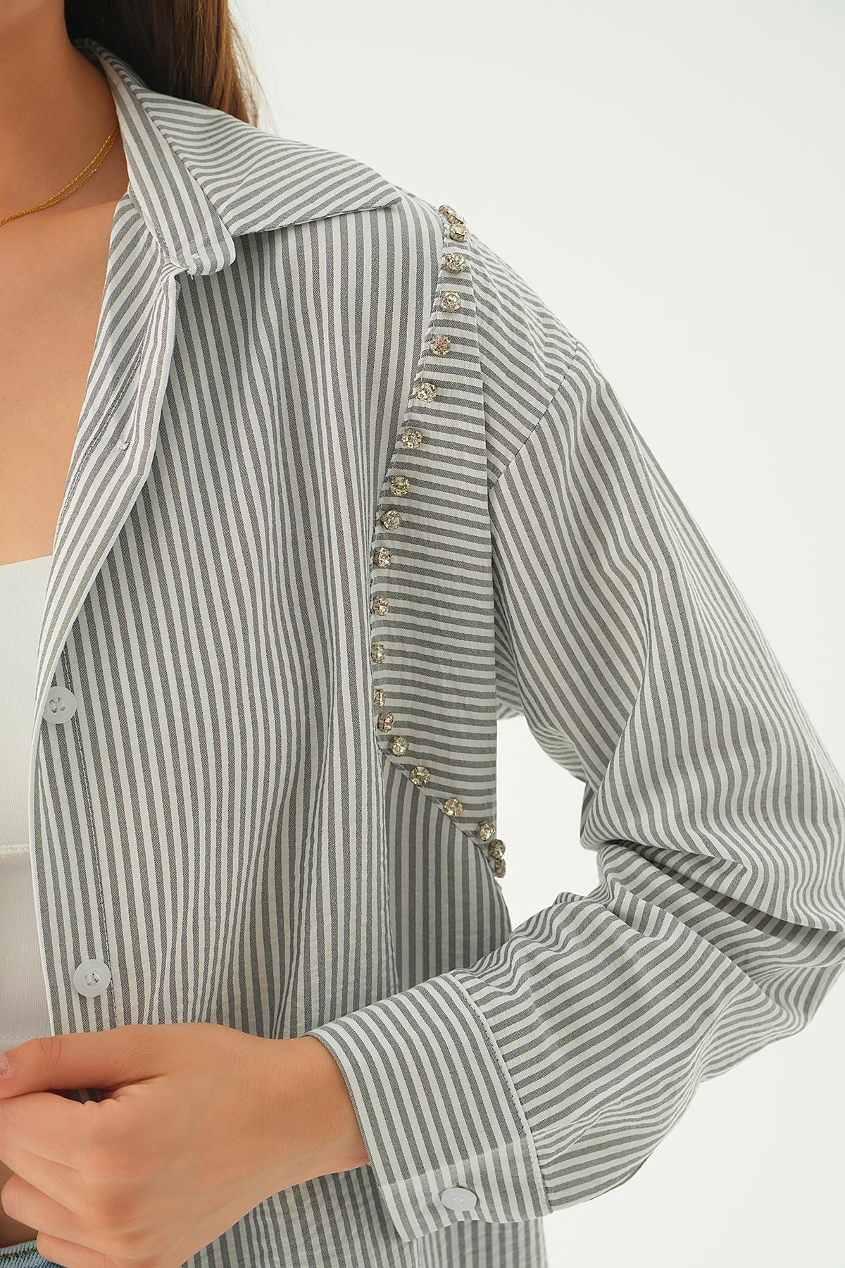 6896A Taş Detay Çizgili Gömlek Siyah - 2