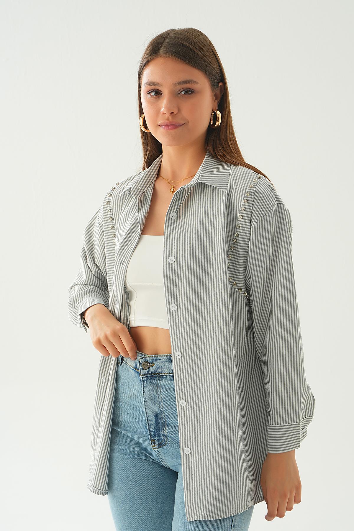 6896A Taş Detay Çizgili Gömlek Siyah - 4