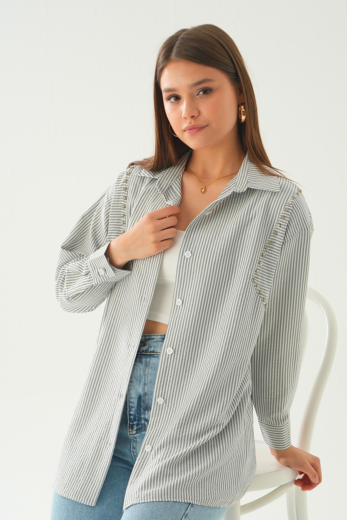 6896A Taş Detay Çizgili Gömlek Siyah - 1