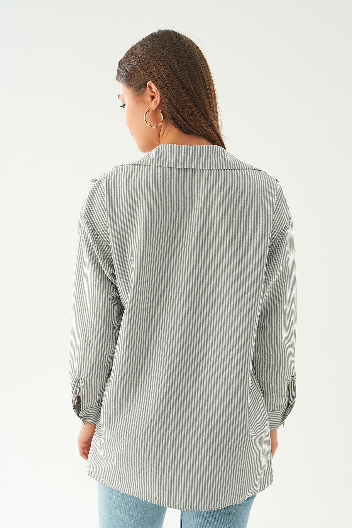 6896A Taş Detay Çizgili Gömlek Siyah - 6