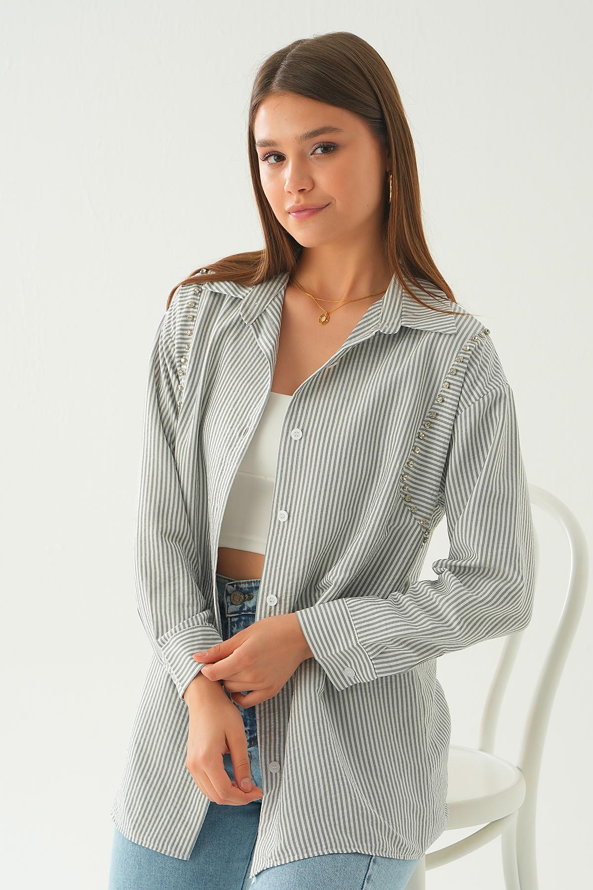 Siyah Taş Detay Çizgili Gömlek 6896A - 3