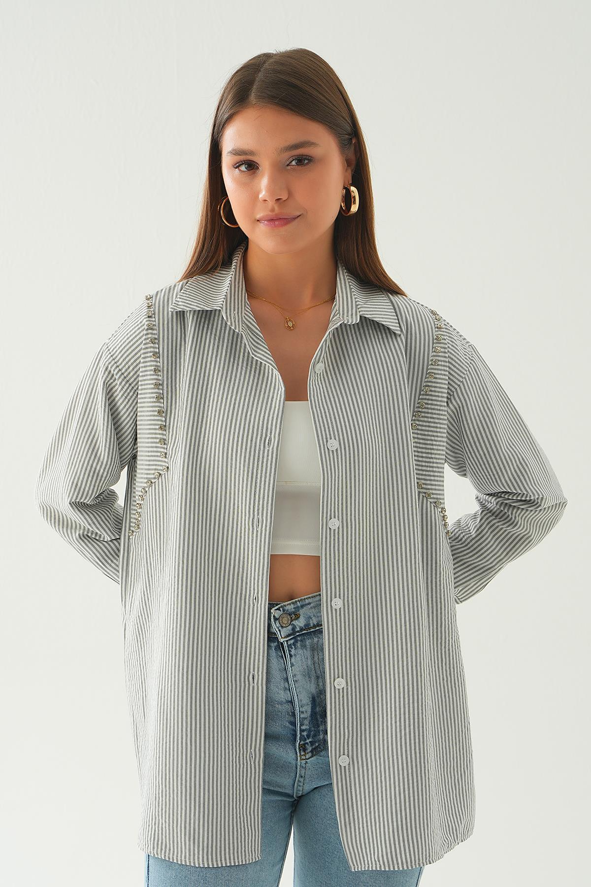 Siyah Taş Detay Çizgili Gömlek 6896A - 5