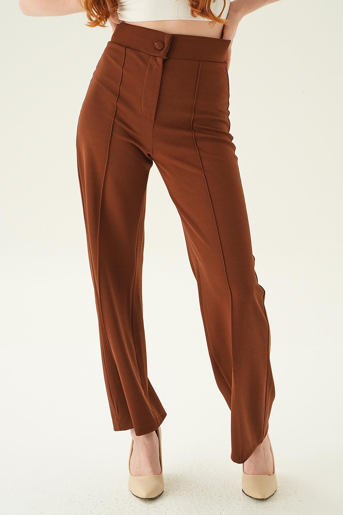 6897A Çıma Detay Geniş Pantolon Acı Kahve 