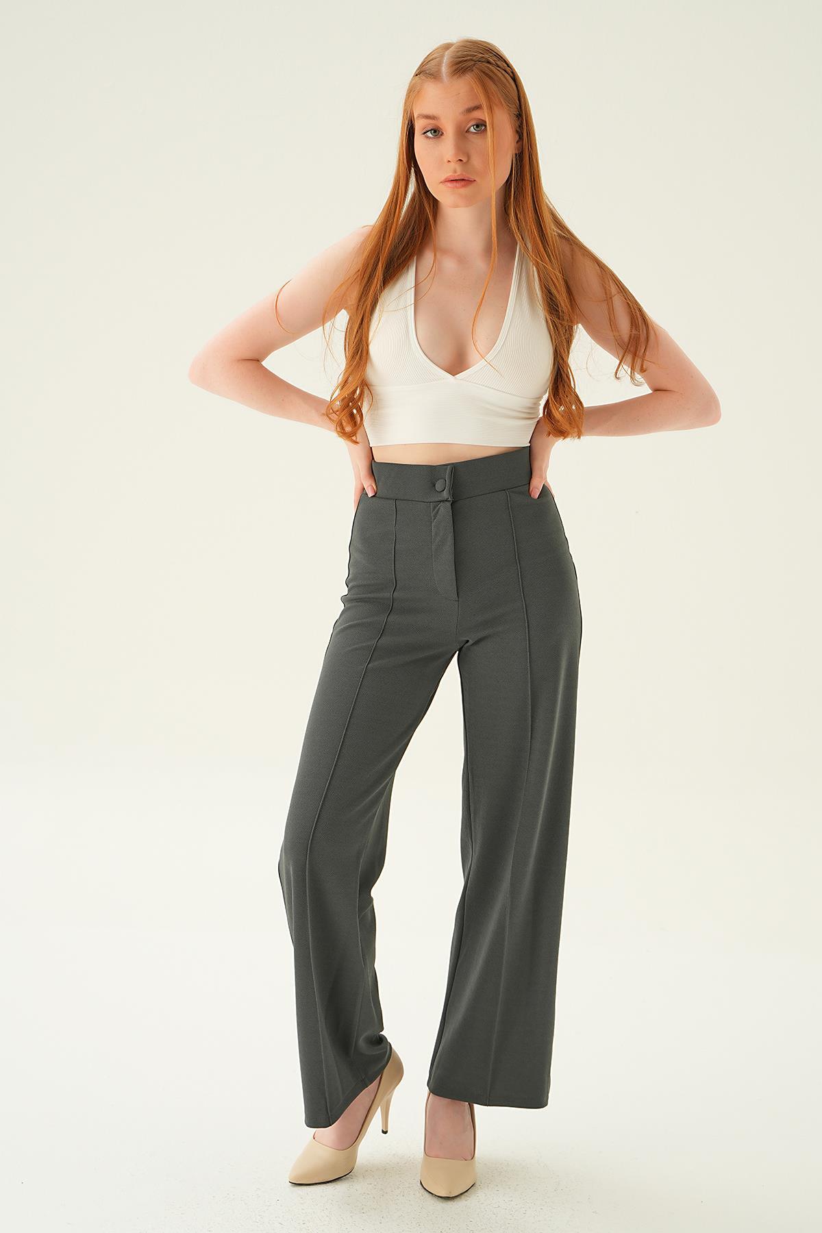 6897A Çıma Detay Geniş Pantolon Füme - 2