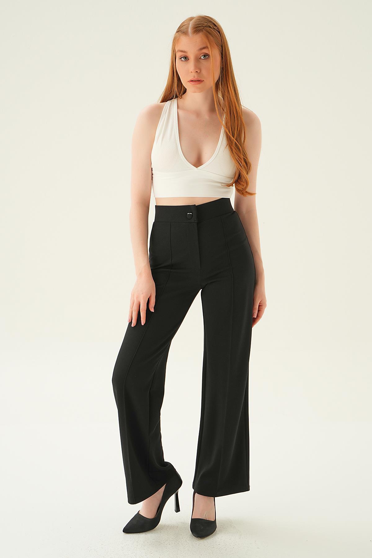 Siyah Çıma Detay Geniş Pantolon 6897A - 2