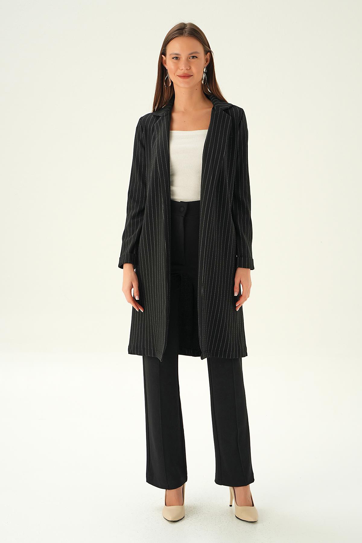 Siyah Kol Katlama Uzun Ceket 6899A - 1