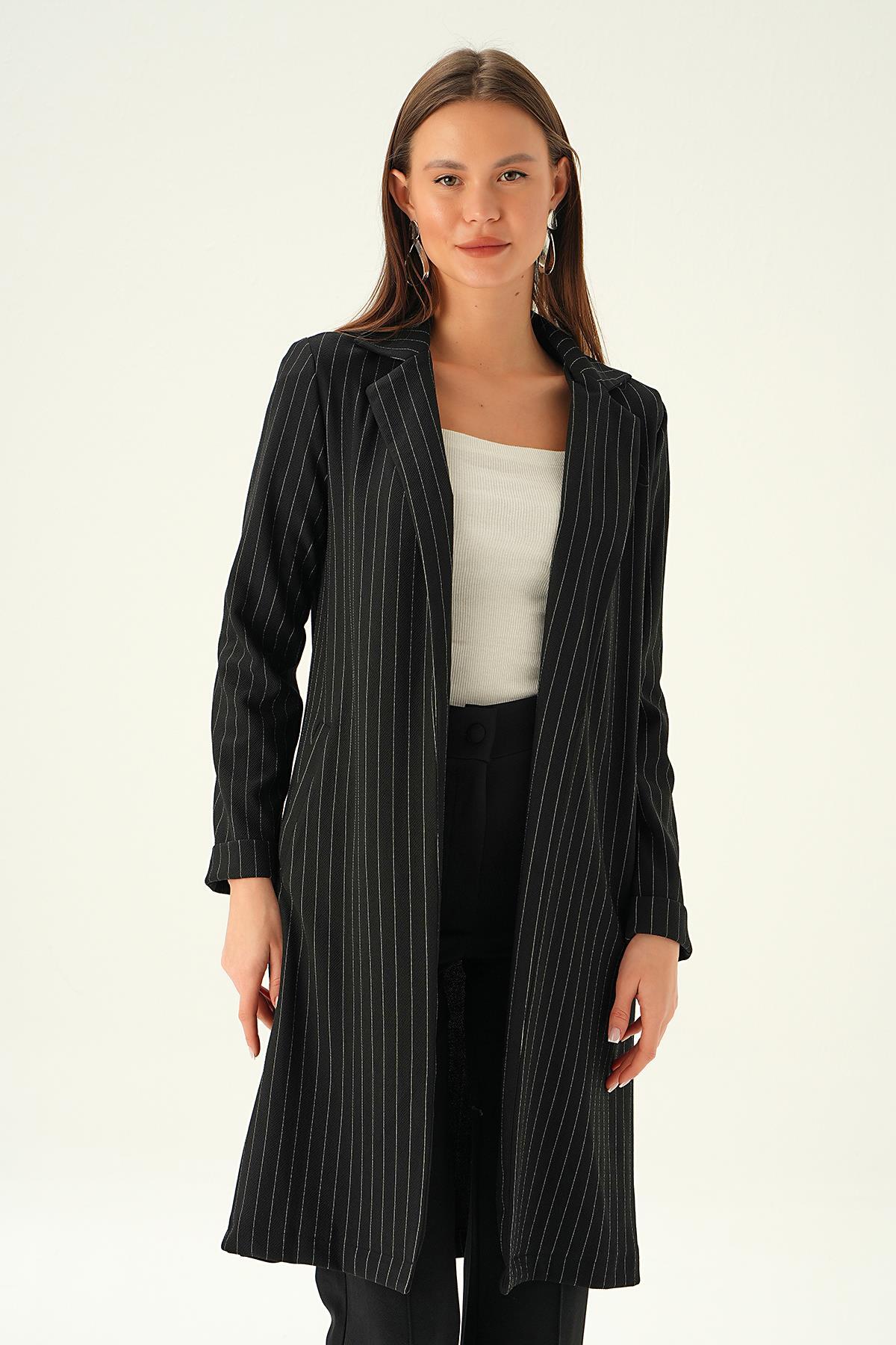 Siyah Kol Katlama Uzun Ceket 6899A - 2