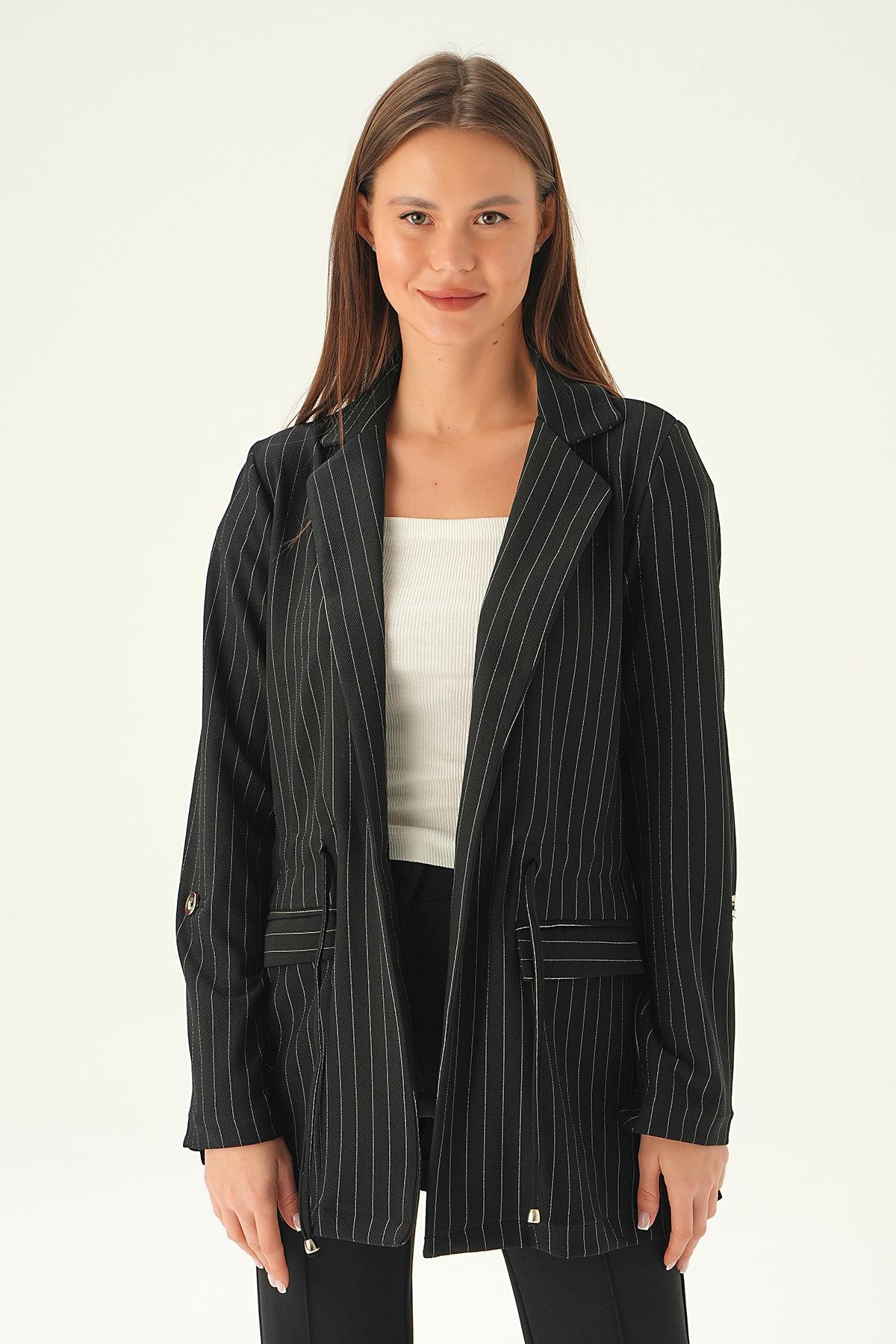 Siyah Bel Bağlama Detay Ceket 6900A - 1