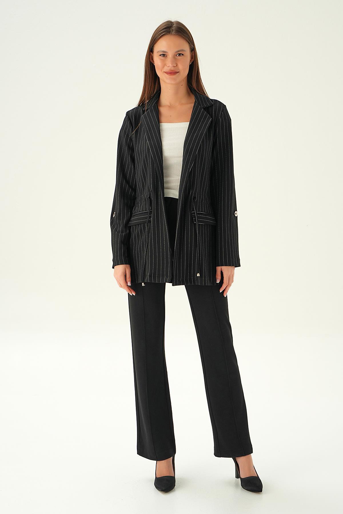 Siyah Bel Bağlama Detay Ceket 6900A - 6