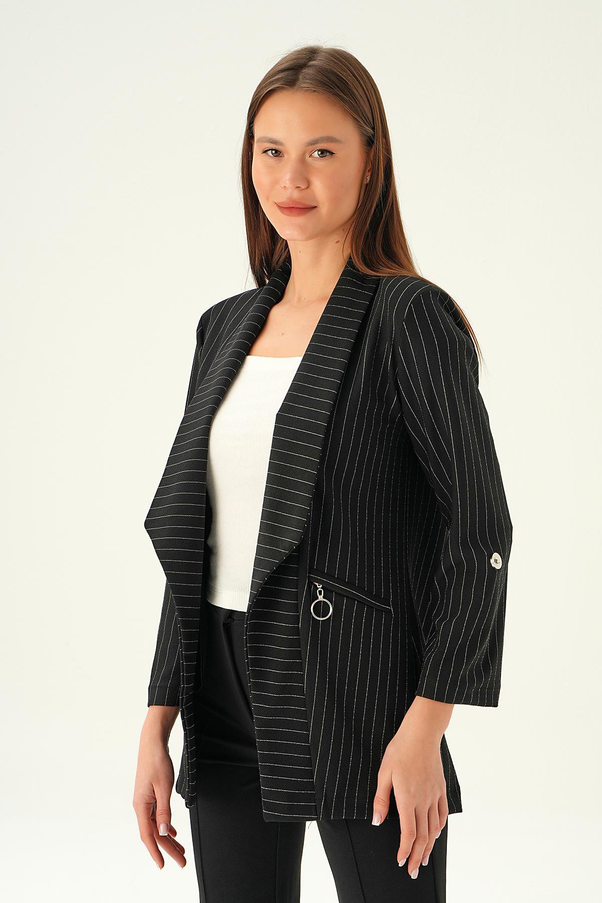 6902A Cep Detay Kol Katlamalı Ceket Siyah - 3