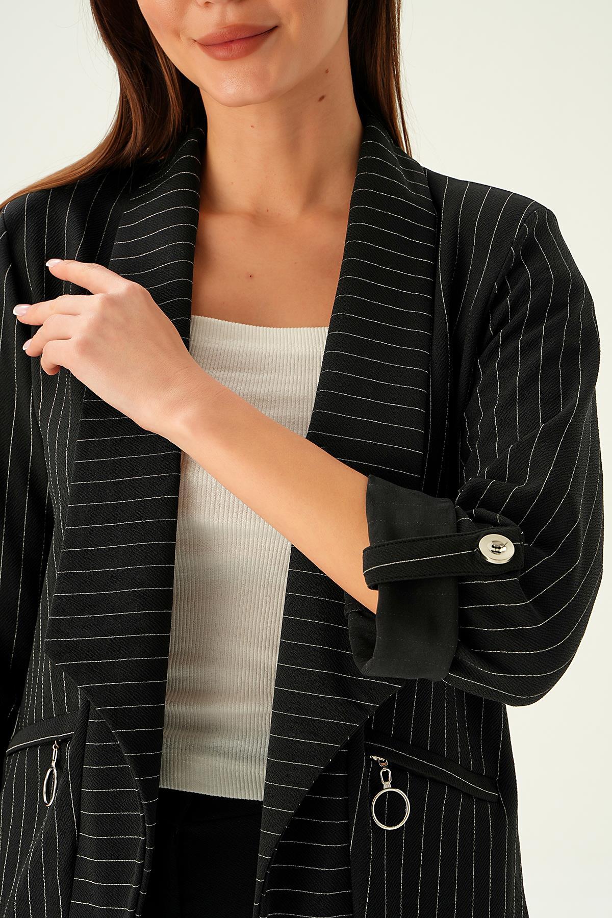 6902A Cep Detay Kol Katlamalı Ceket Siyah - 2