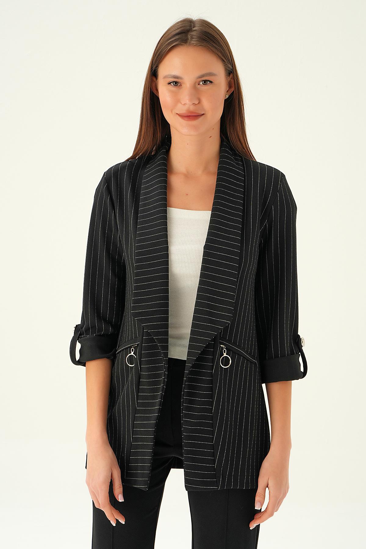 Siyah Cep Detay Kol Katlamalı Ceket 6902A - 4