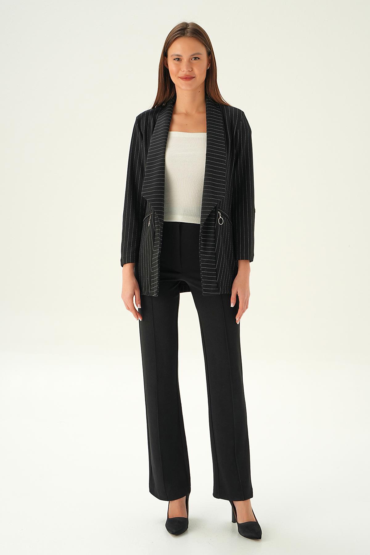 Siyah Cep Detay Kol Katlamalı Ceket 6902A - 6