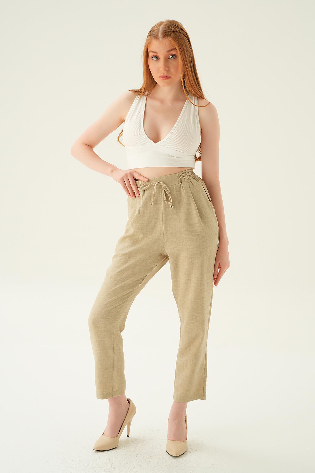 6904A Bel Lastik Havuç Pantolon Bej - 1