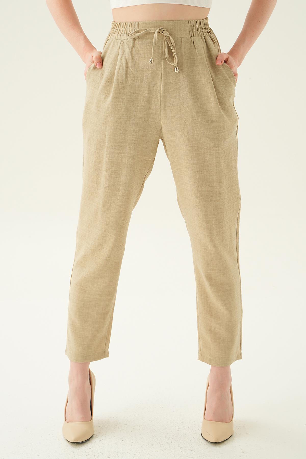 6904A Bel Lastik Havuç Pantolon Bej - 3