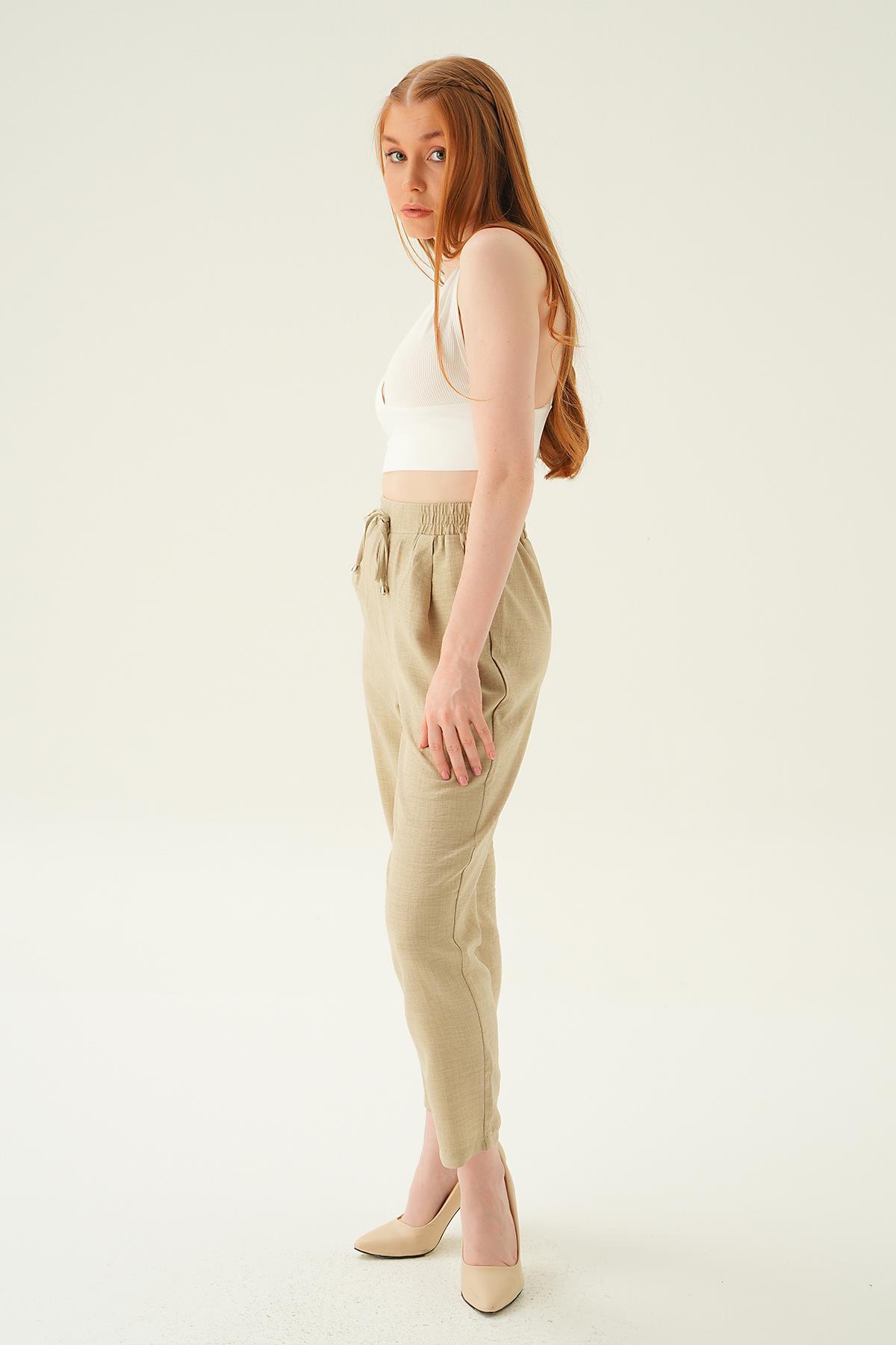 Bej Bel Lastik Havuç Pantolon 6904A - 2