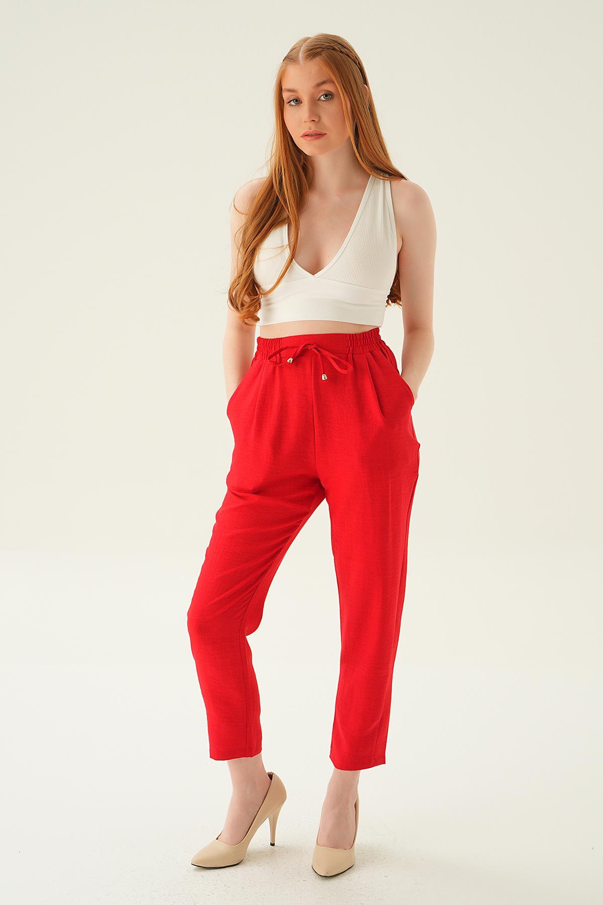 6904A Bel Lastik Havuç Pantolon Kırmızı - 6