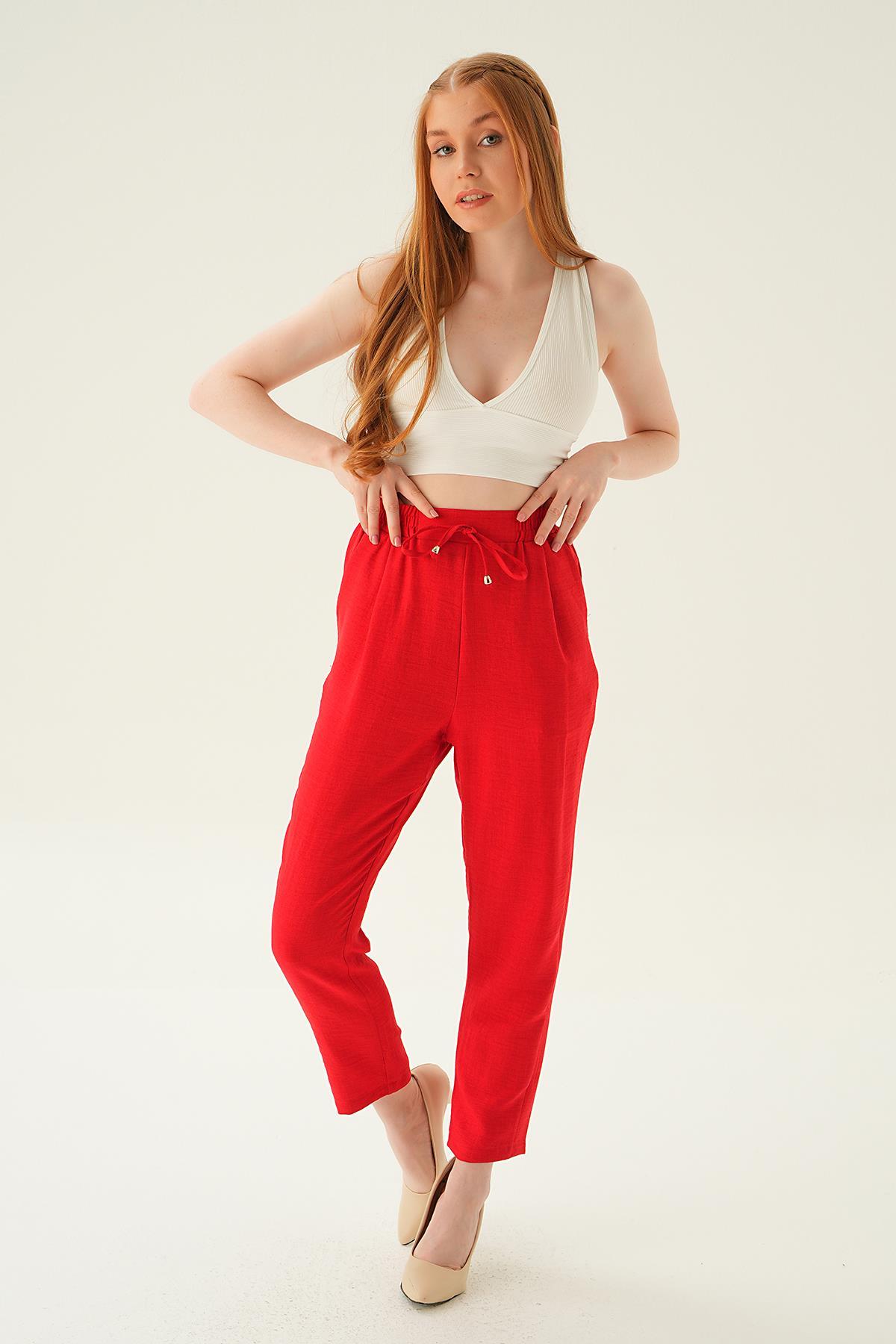 6904A Bel Lastik Havuç Pantolon Kırmızı - 2