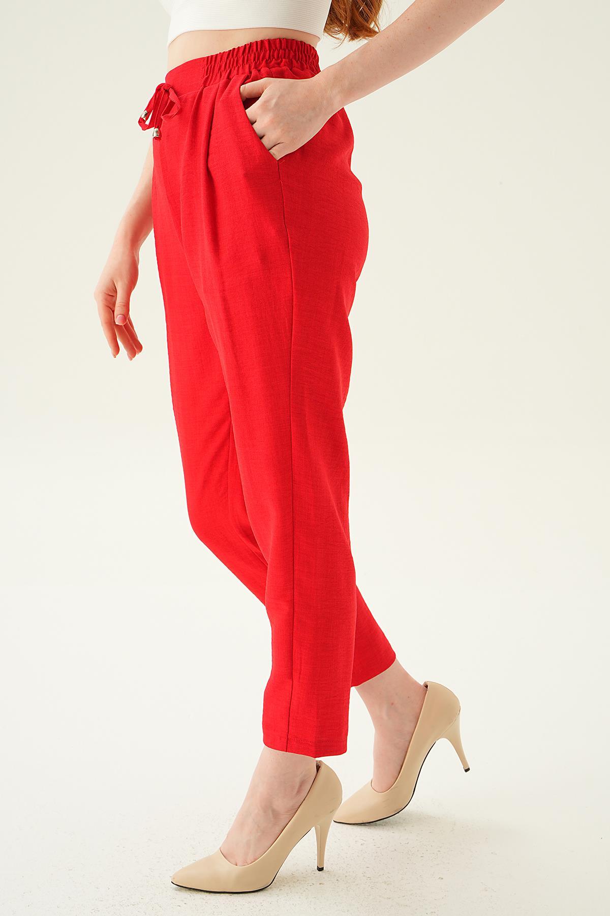 6904A Bel Lastik Havuç Pantolon Kırmızı - 3