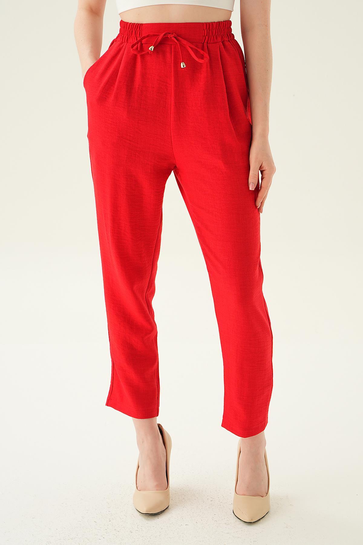 Kırmızı Bel Lastik Havuç Pantolon 6904A 