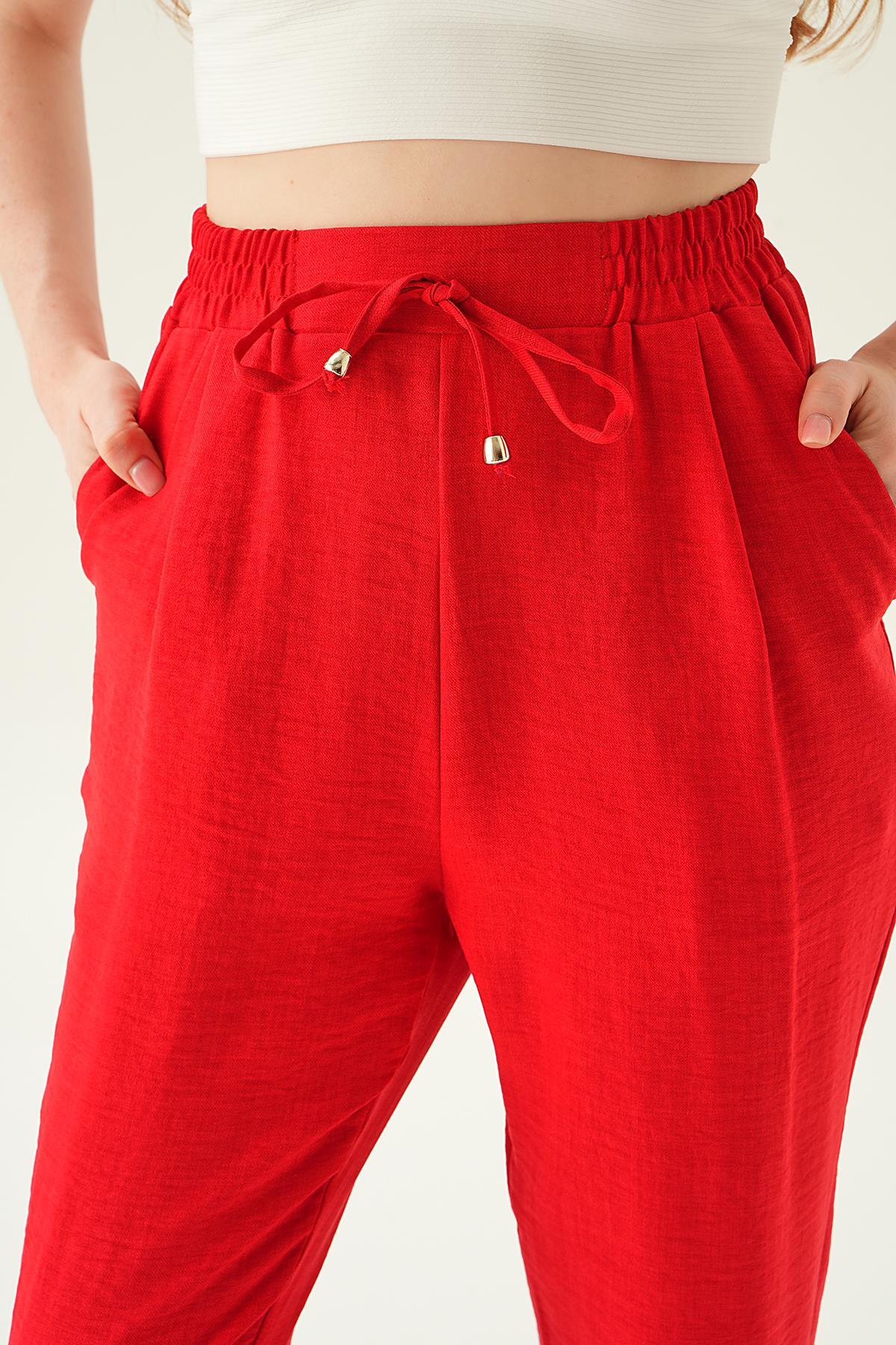 Kırmızı Bel Lastik Havuç Pantolon 6904A - 5