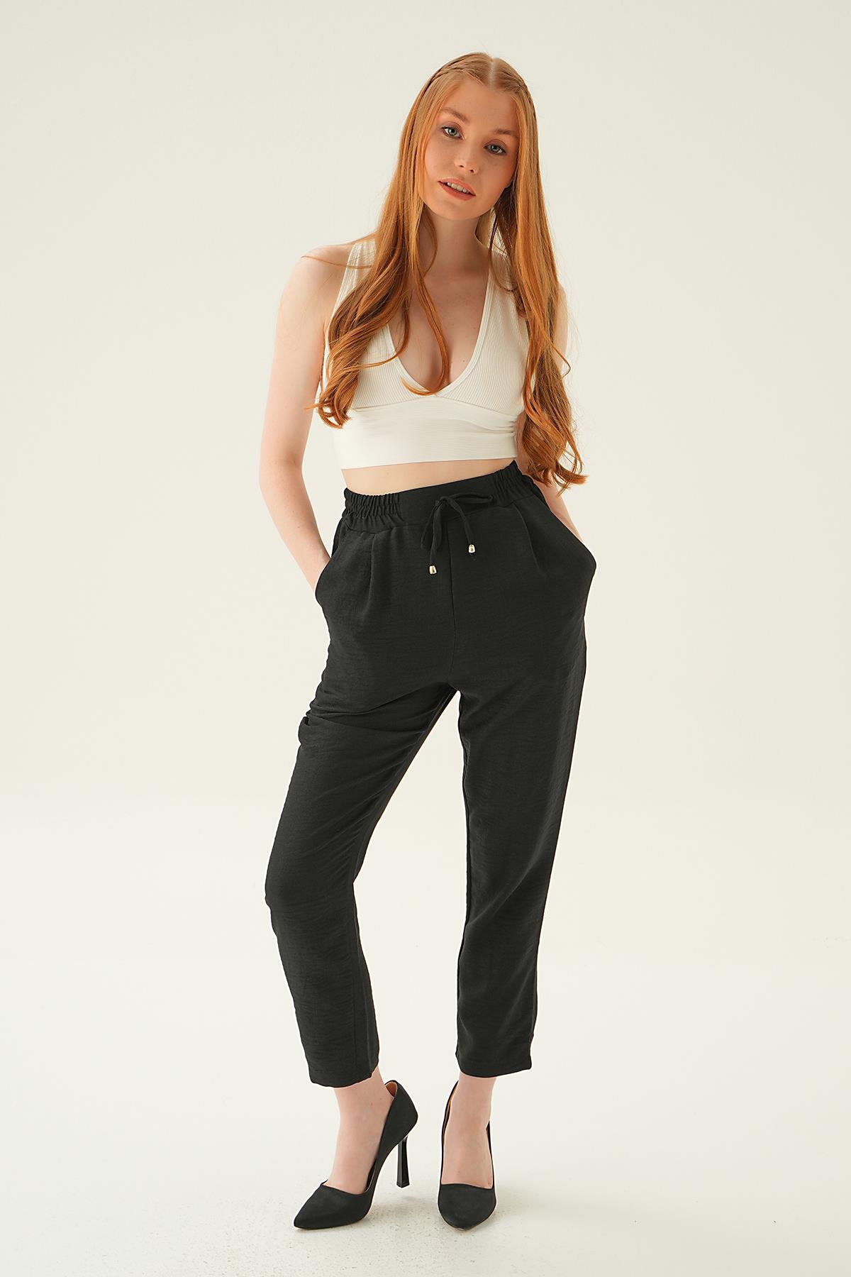 Siyah Bel Lastik Havuç Pantolon 6904A 
