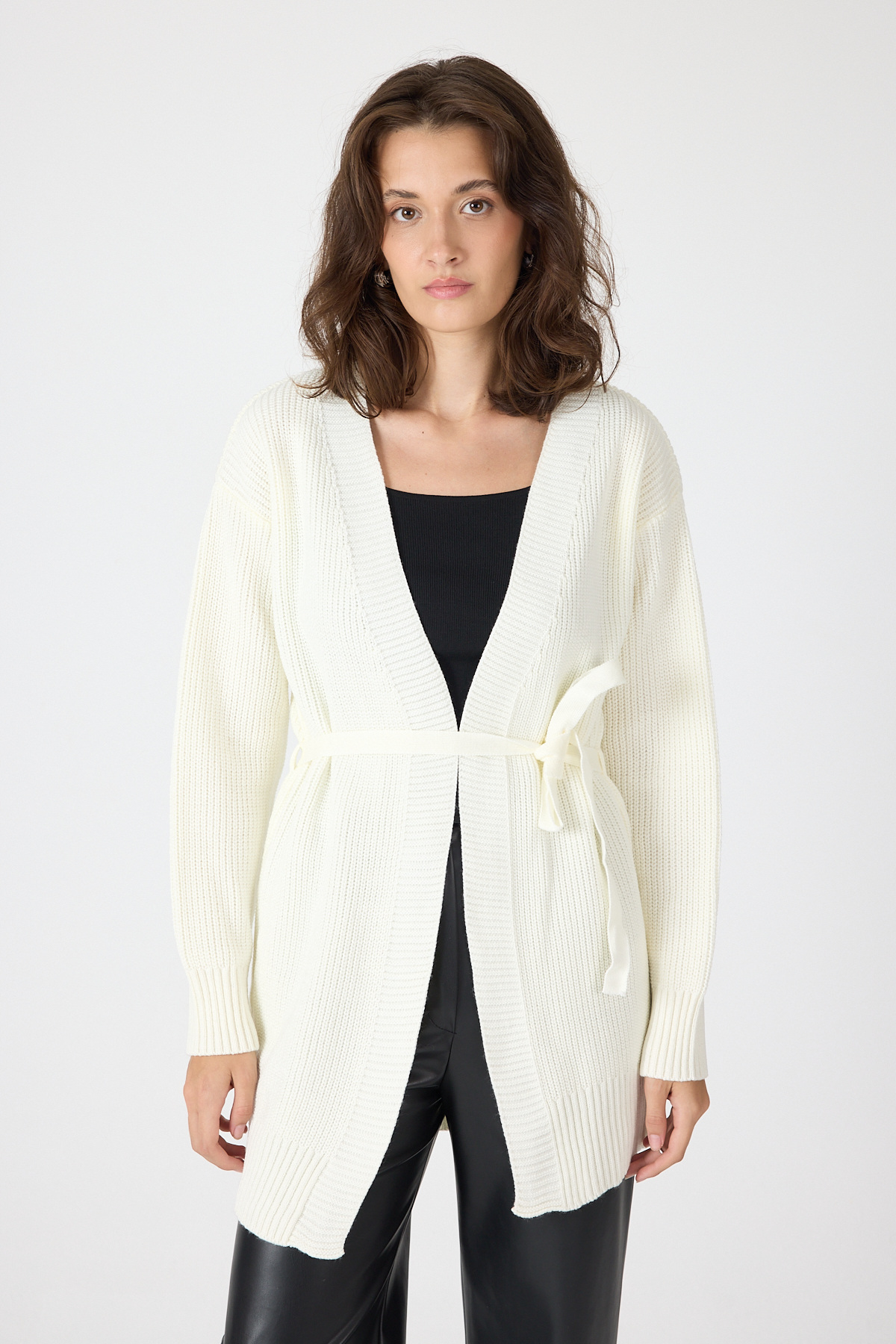 Natural Kuşaklı Örme Kadın Hırka 6905 - 1