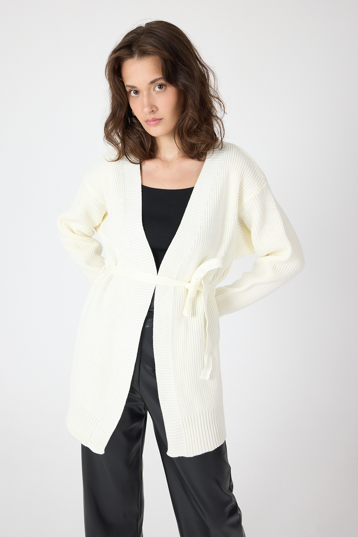 Natural Kuşaklı Örme Kadın Hırka 6905 - RAYS