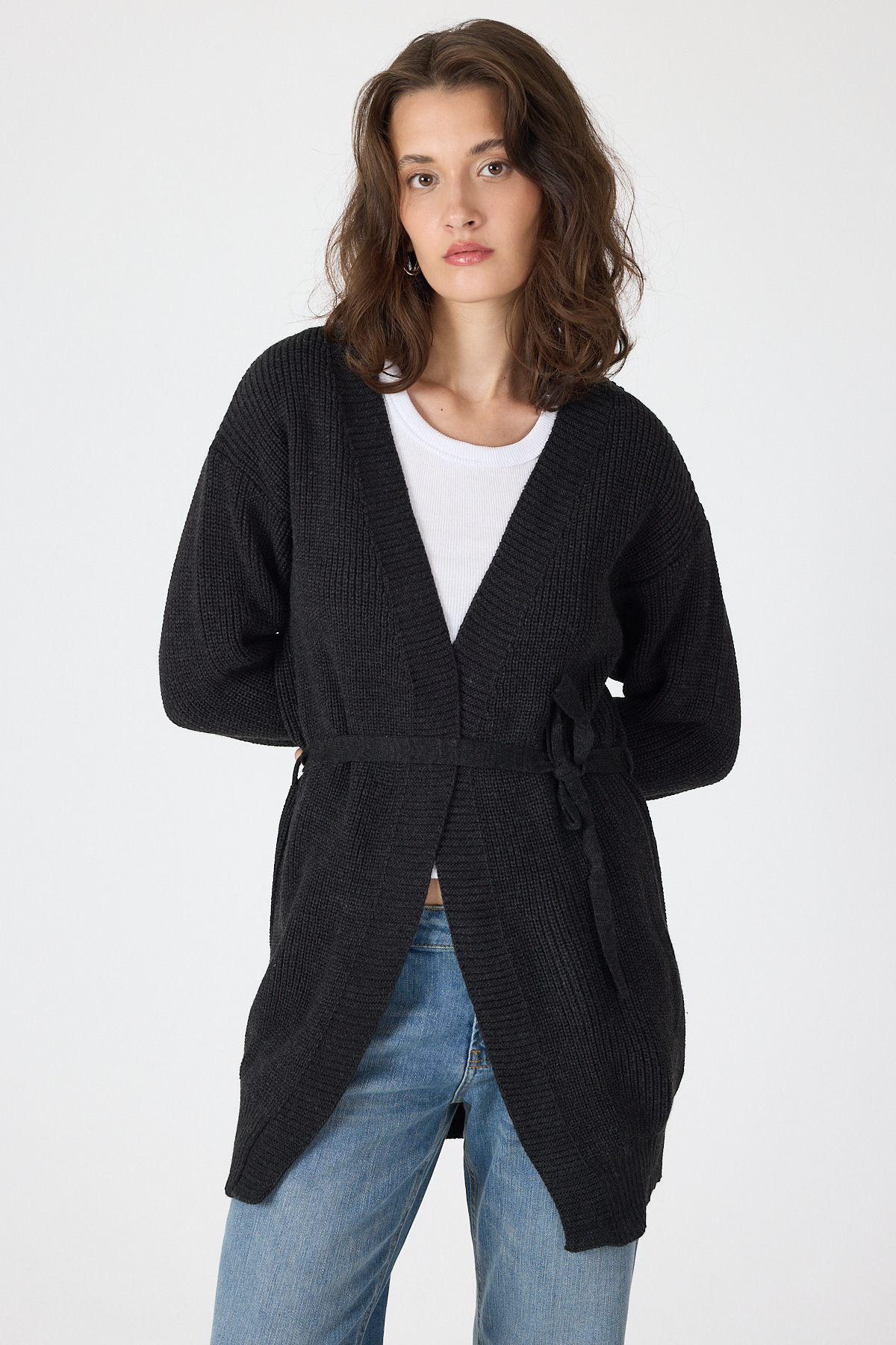 Siyah Kuşaklı Örme Kadın Hırka 6905 