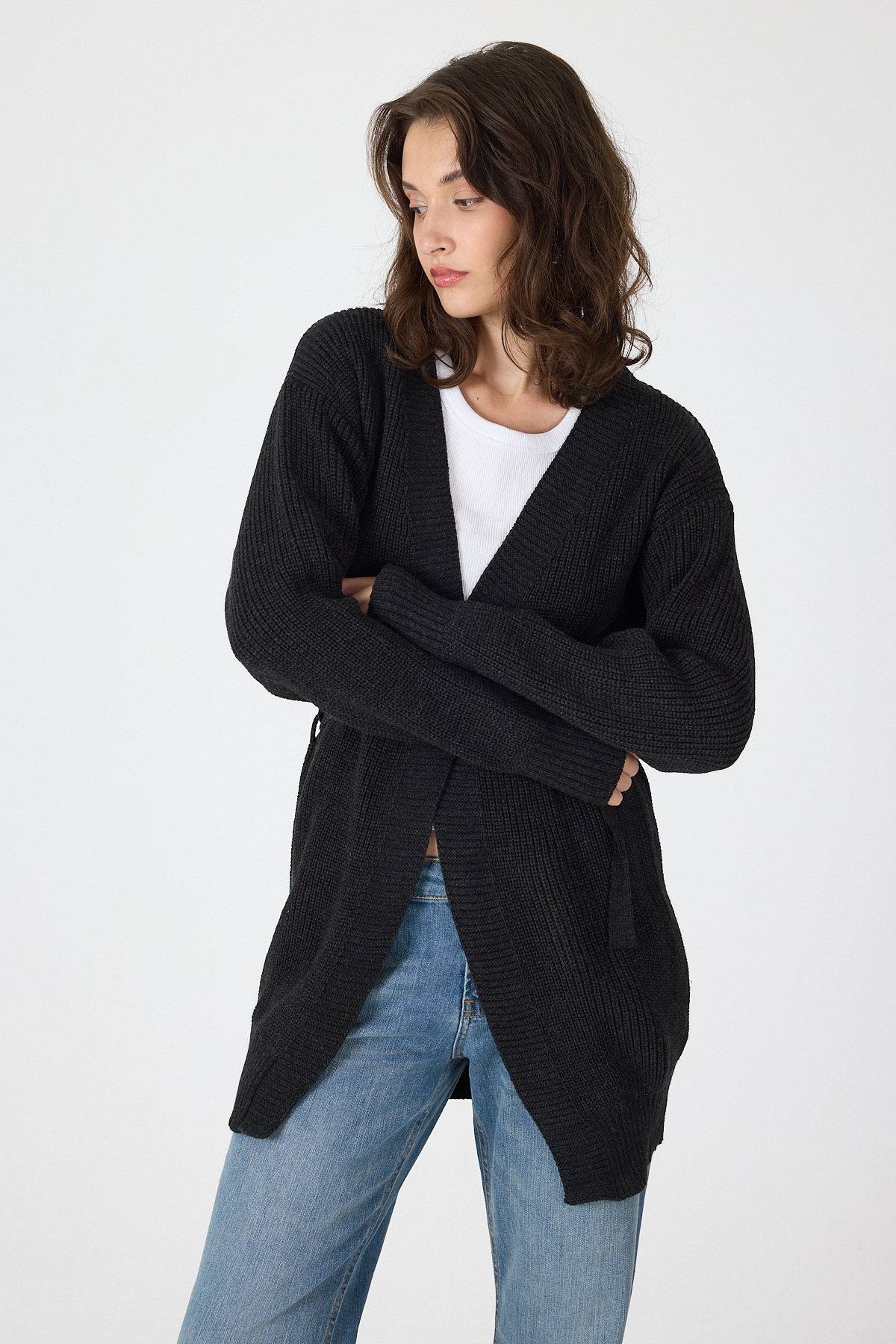 Siyah Kuşaklı Örme Kadın Hırka 6905 - 2