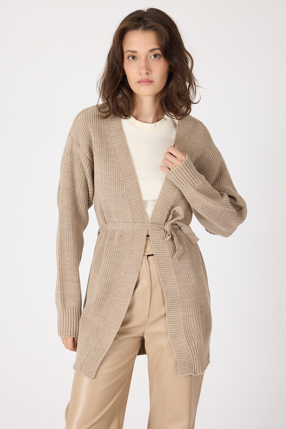 Vizon Kuşaklı Örme Kadın Hırka 6905 - 2