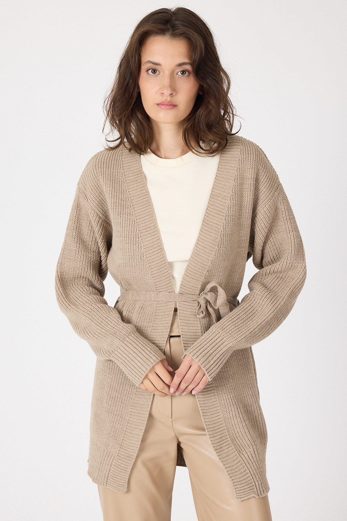 Vizon Kuşaklı Örme Kadın Hırka 6905 - 6