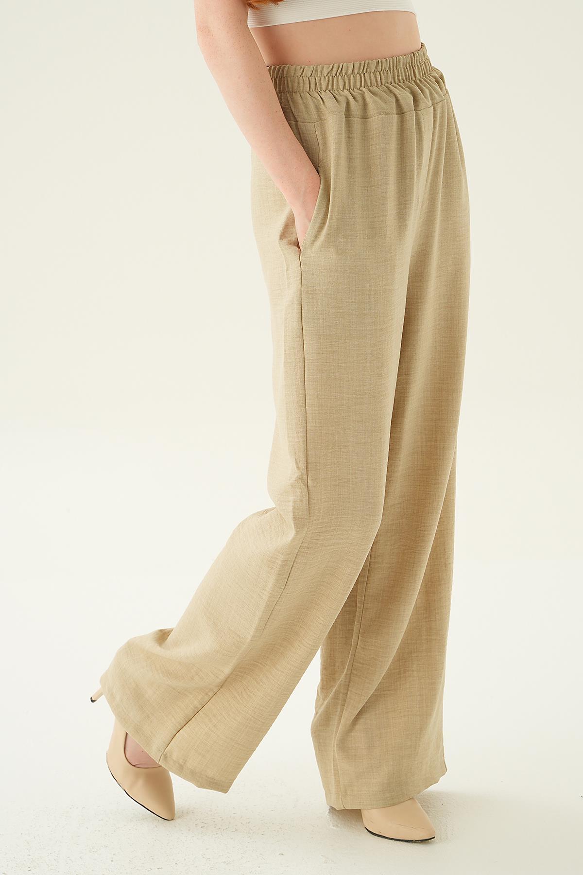 Bej Geniş Kemerli Bol Pantolon 6905A 