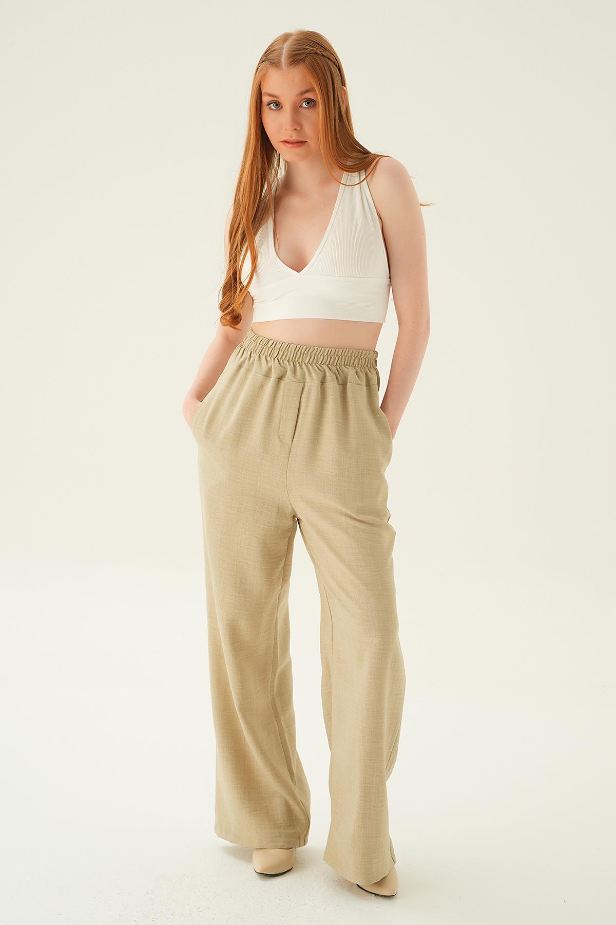 Bej Geniş Kemerli Bol Pantolon 6905A - 2