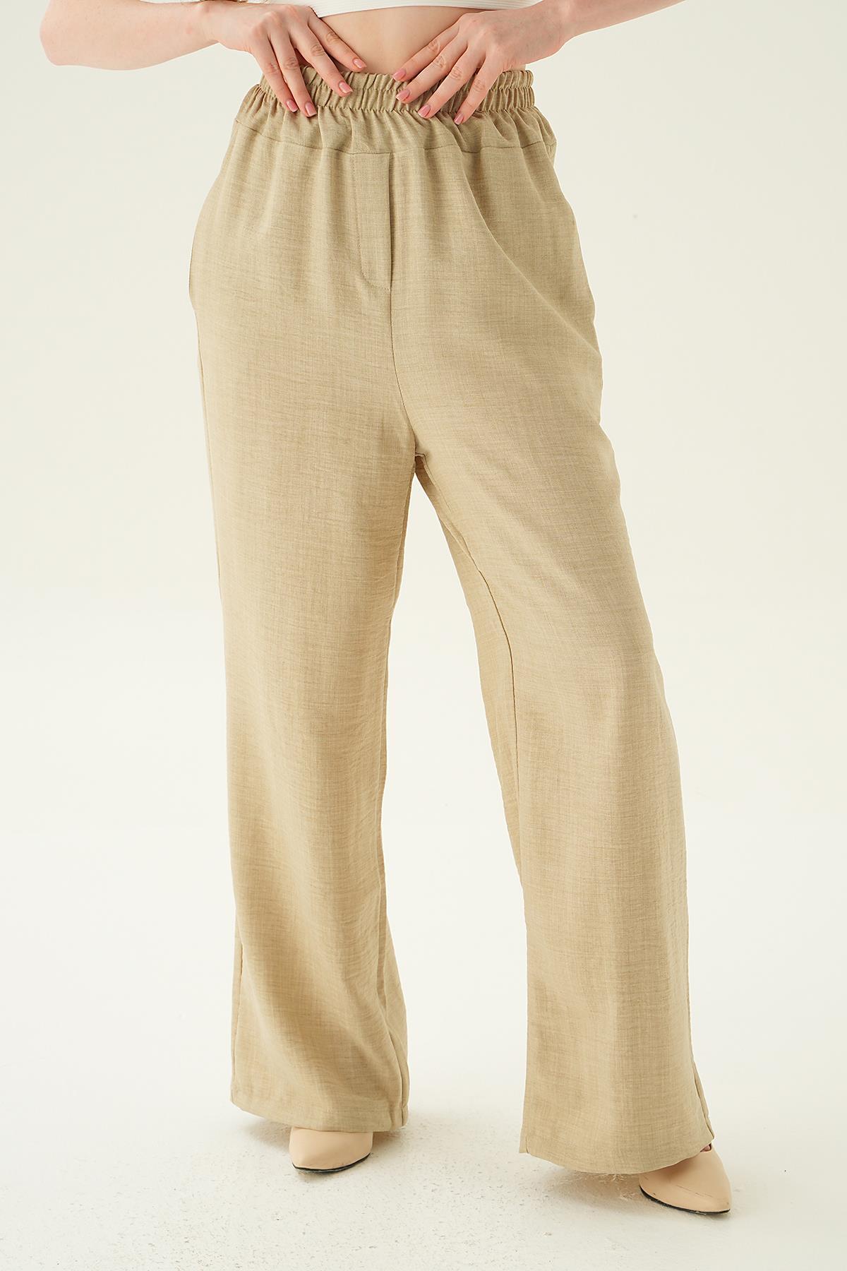 Bej Geniş Kemerli Bol Pantolon 6905A - 3