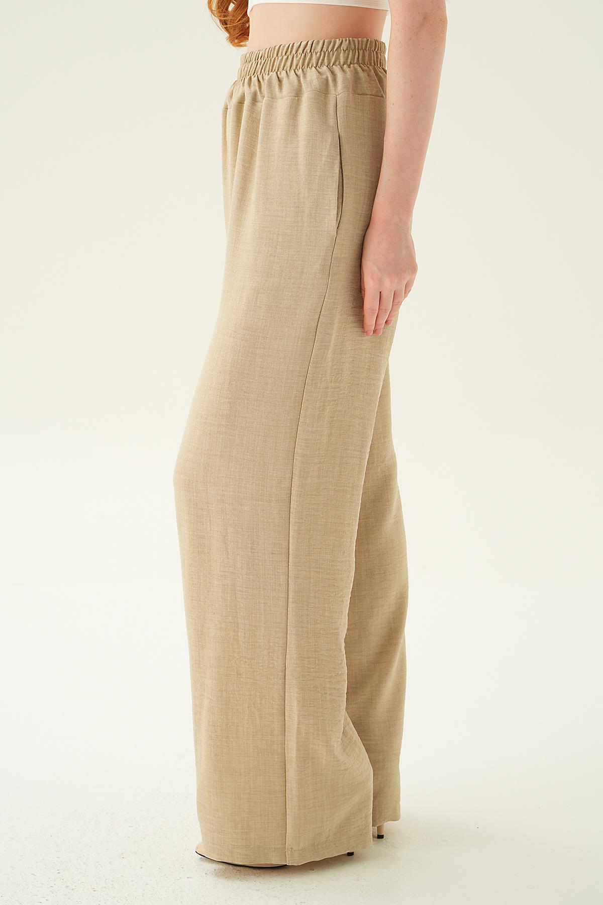 Bej Geniş Kemerli Bol Pantolon 6905A - 4