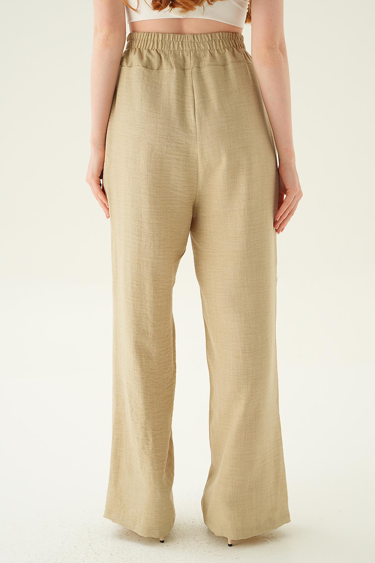 Bej Geniş Kemerli Bol Pantolon 6905A - 5