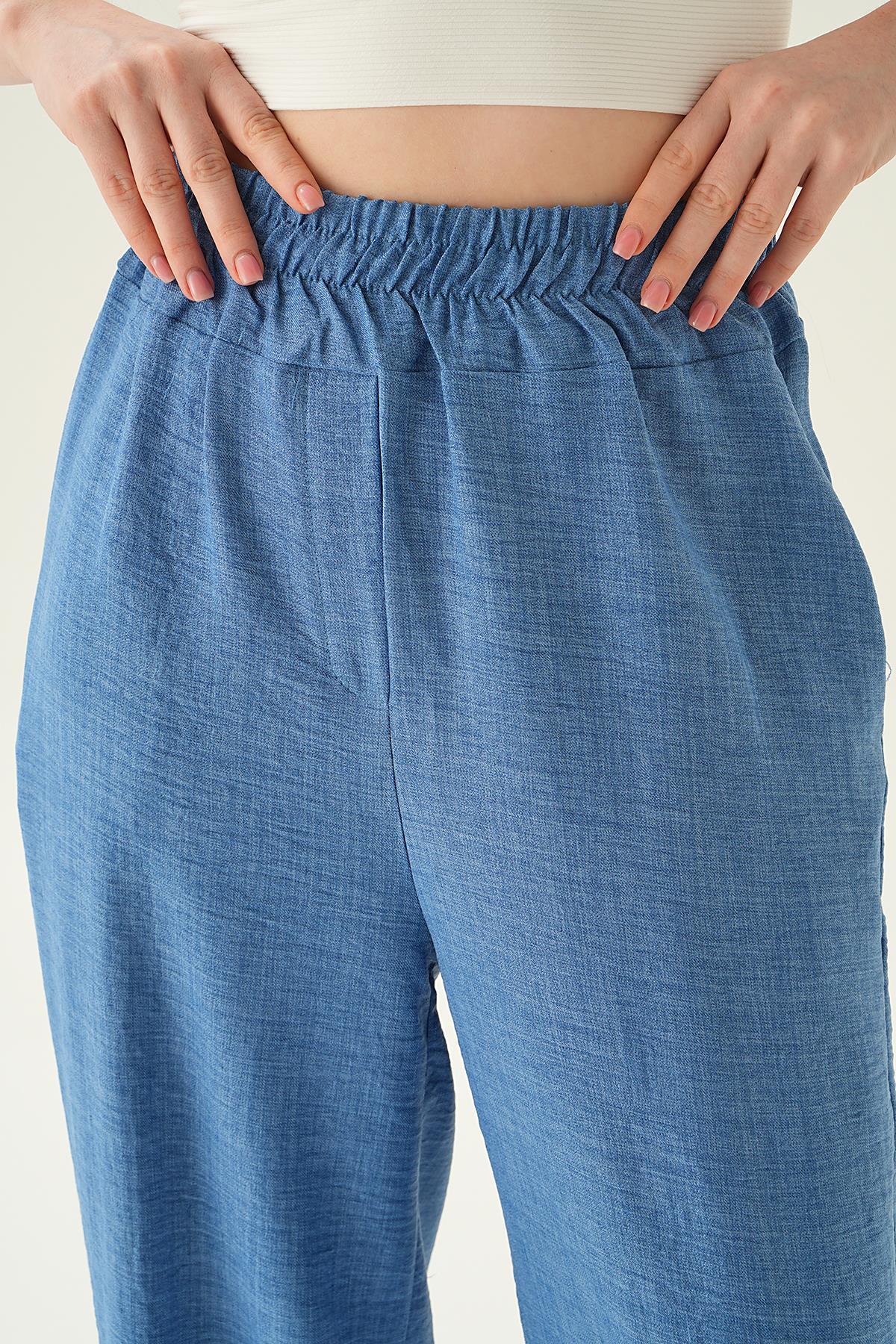 6905A Geniş Kemerli Bol Pantolon İndigo - 6