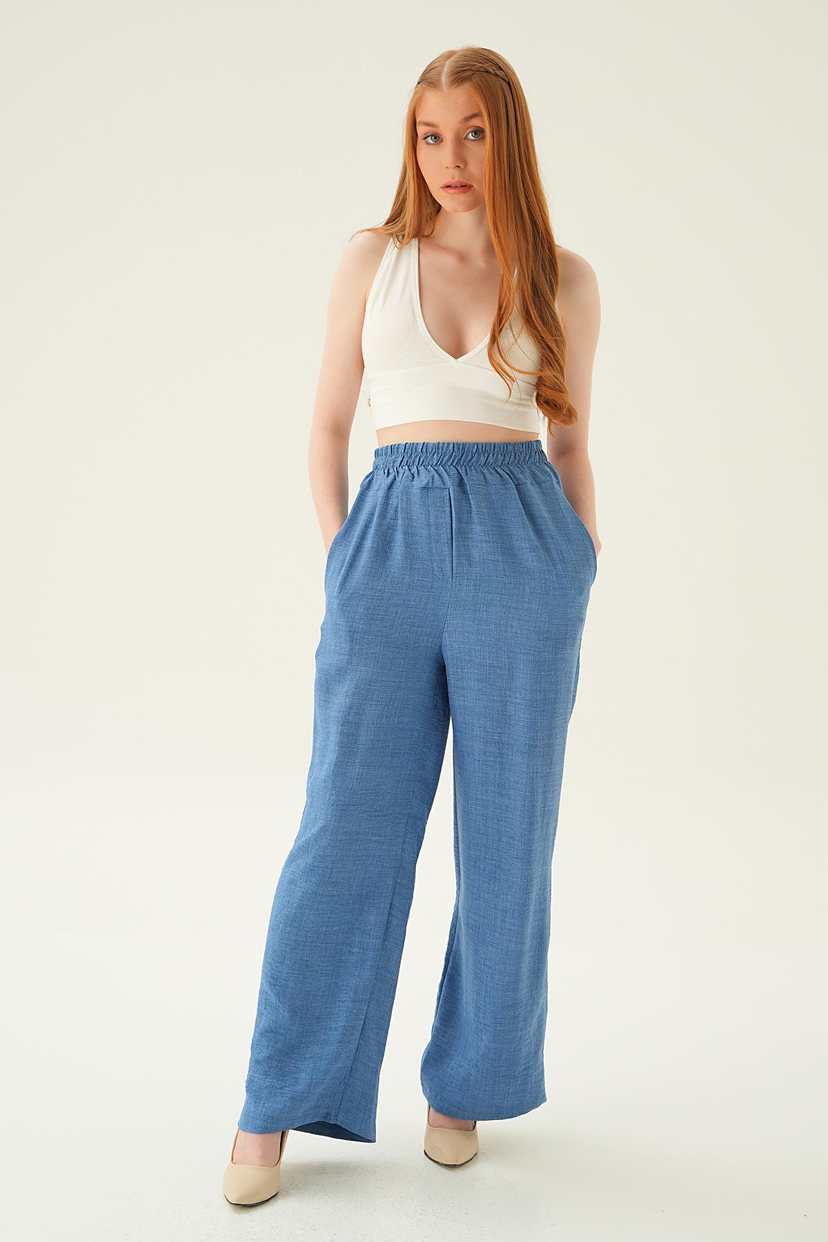 6905A Geniş Kemerli Bol Pantolon İndigo - 2