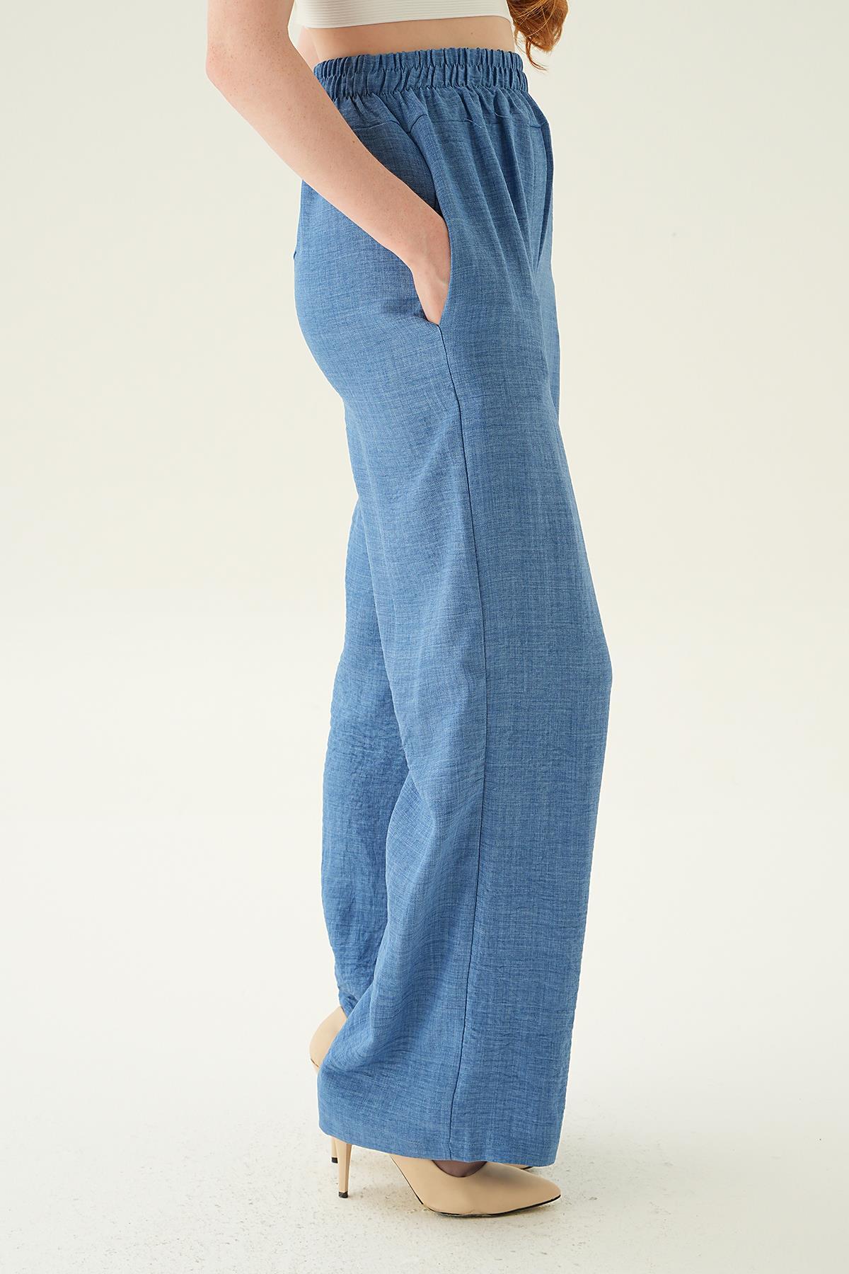6905A Geniş Kemerli Bol Pantolon İndigo - 3