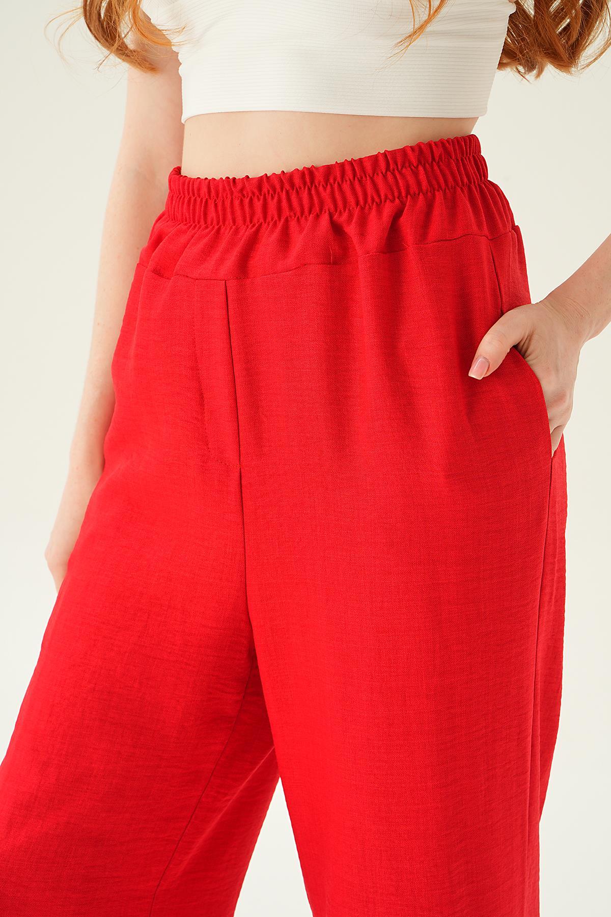 Kırmızı Geniş Kemerli Bol Pantolon 6905A - 5