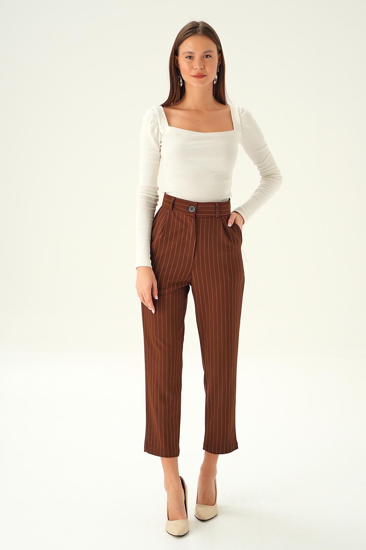 6906A Çizgili Cepli Pantolon Acı Kahve - 1