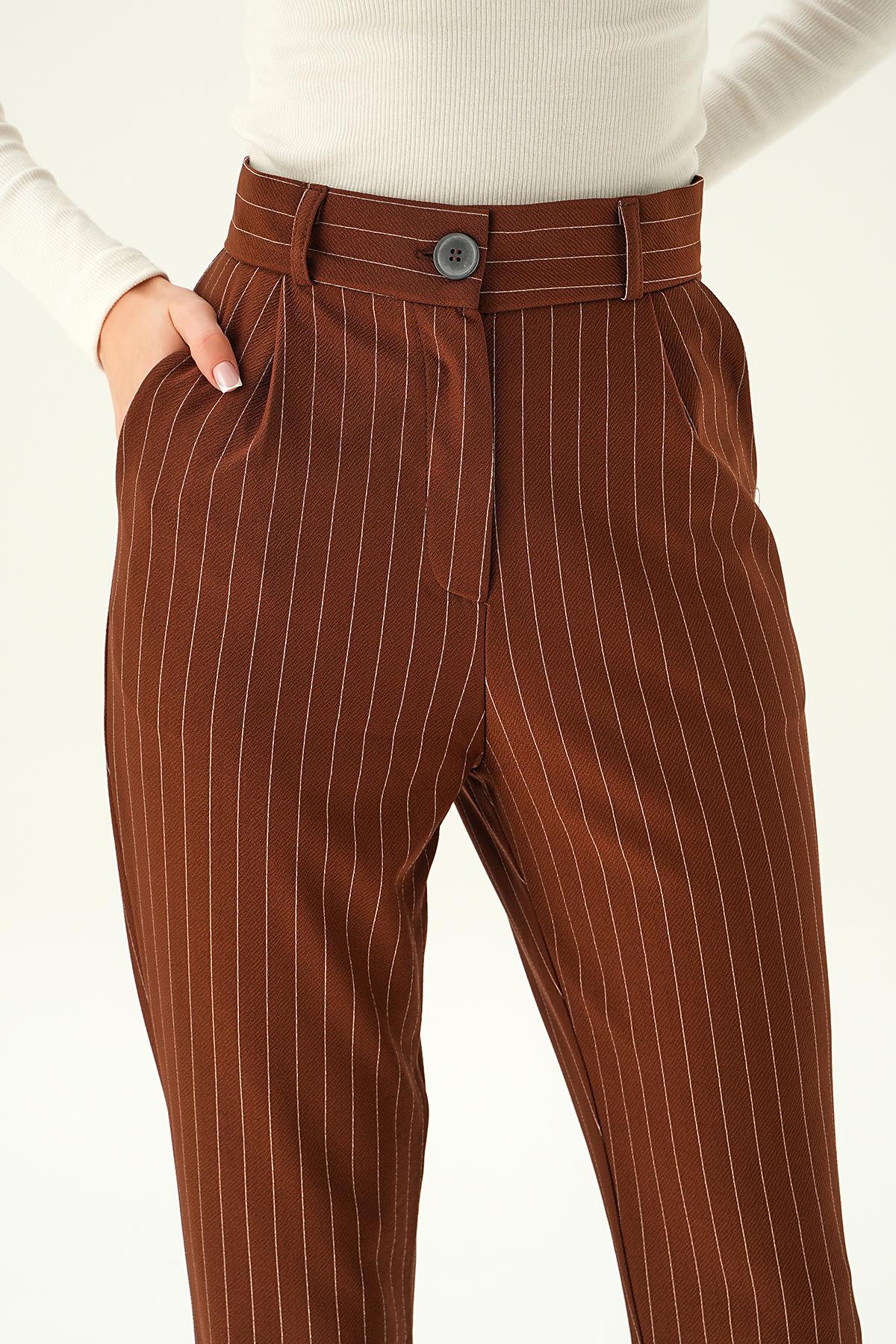 6906A Çizgili Cepli Pantolon Acı Kahve - 5