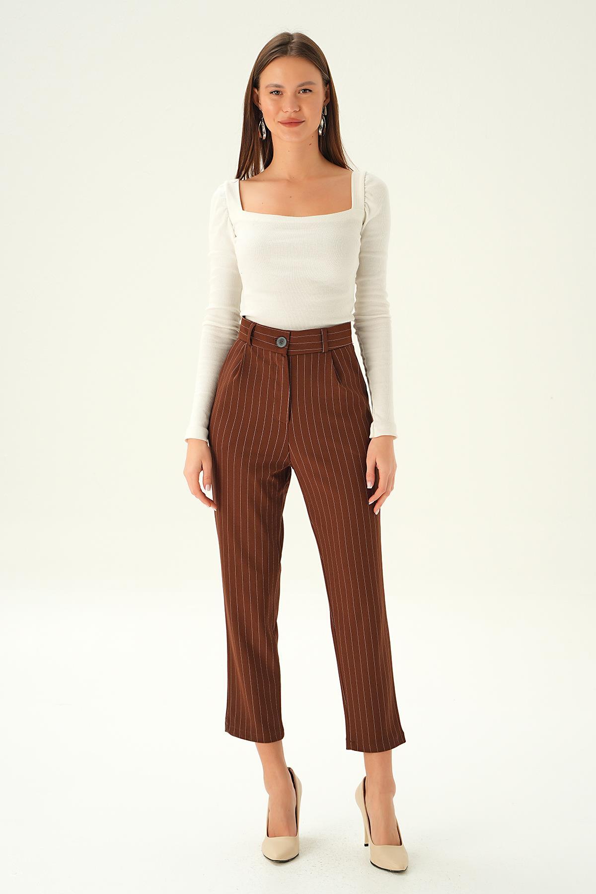 Acı Kahve Çizgili Cepli Pantolon 6906A - 6