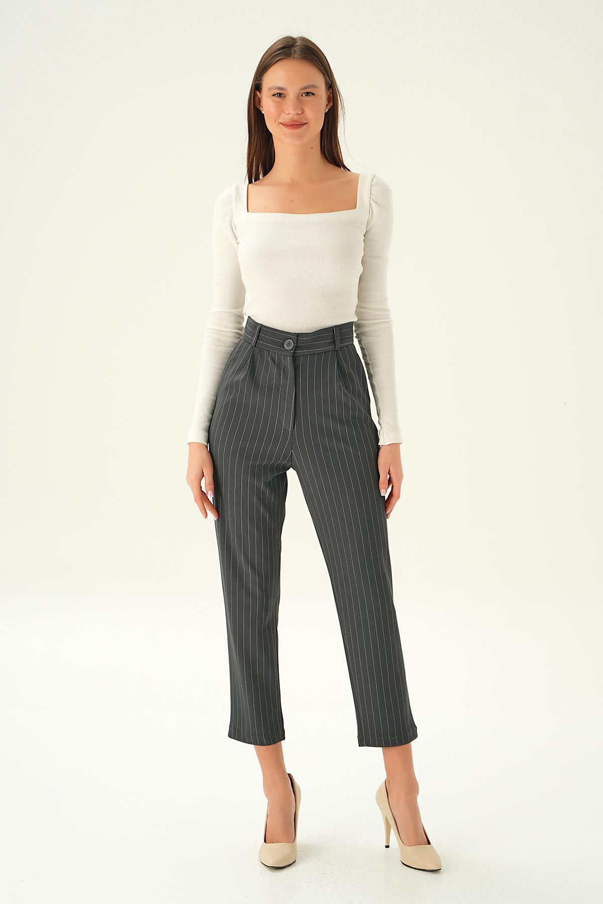 6906A Çizgili Cepli Pantolon Füme - 7