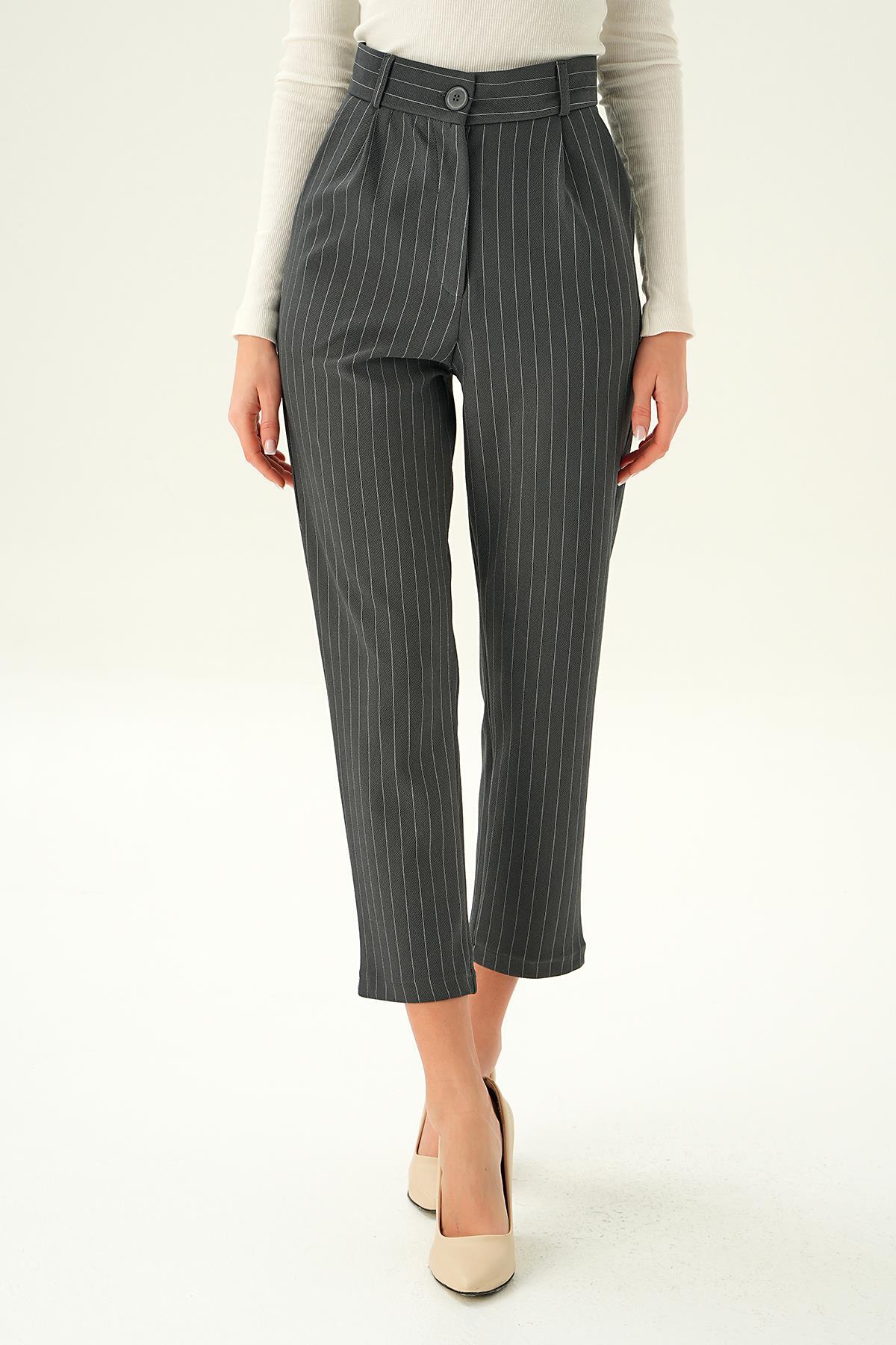 6906A Çizgili Cepli Pantolon Füme - 3