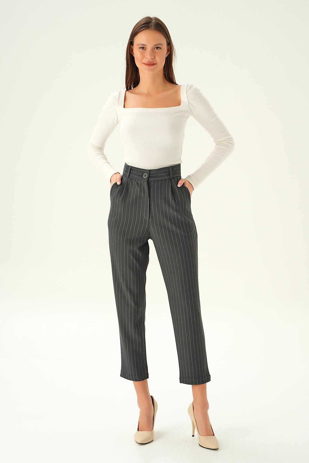 Füme Çizgili Cepli Pantolon 6906A - 2