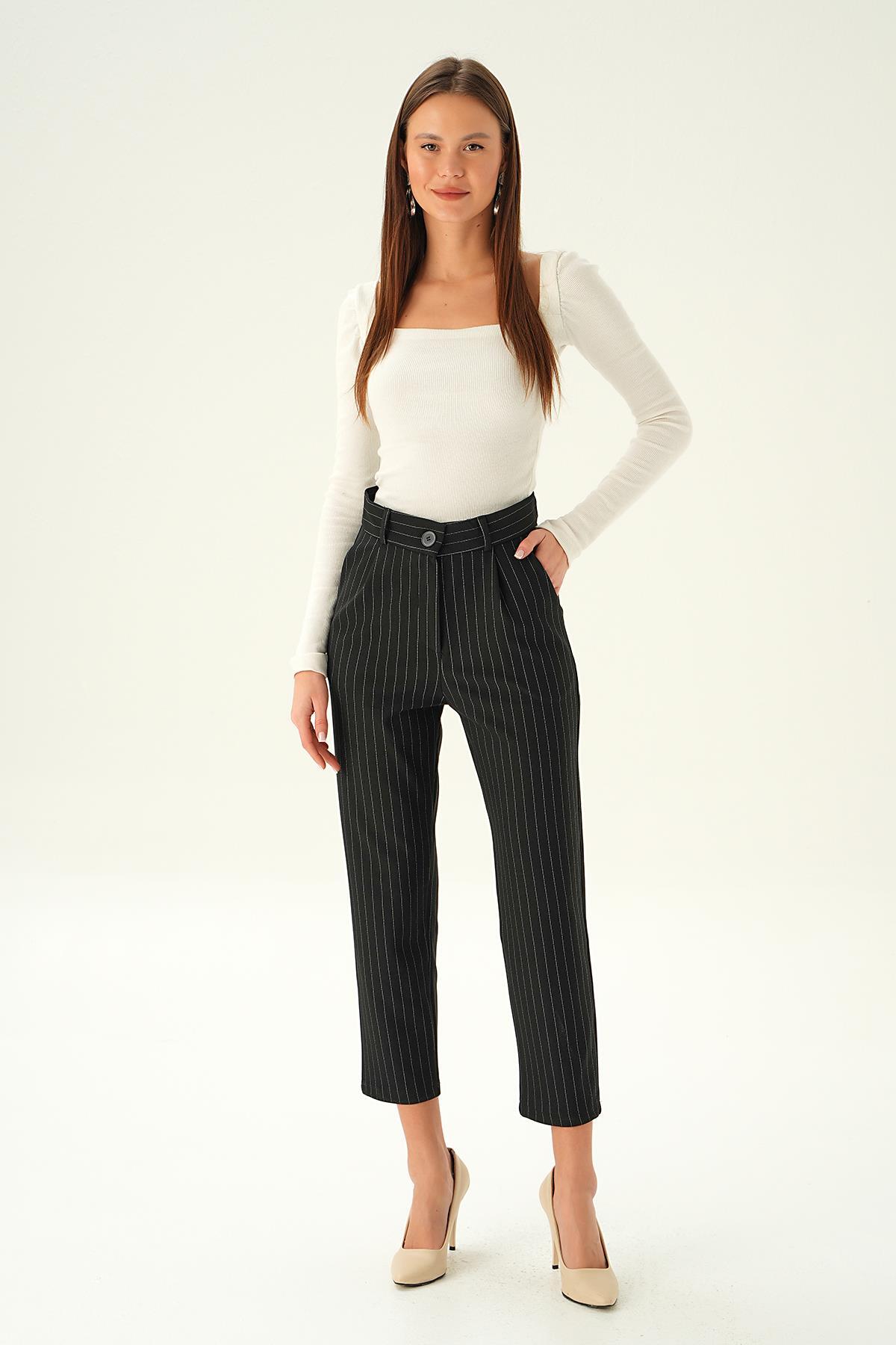 6906A Çizgili Cepli Pantolon Siyah 