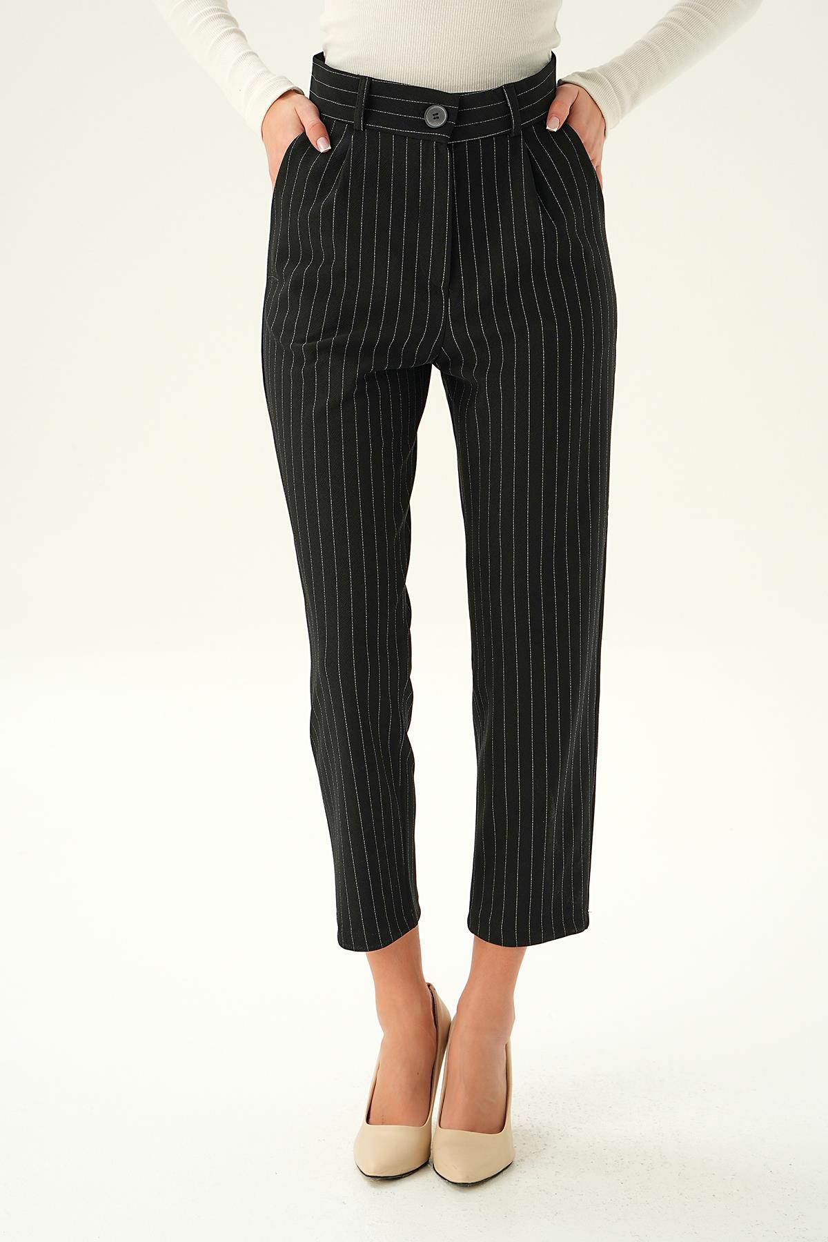 Siyah Çizgili Cepli Pantolon 6906A - 2