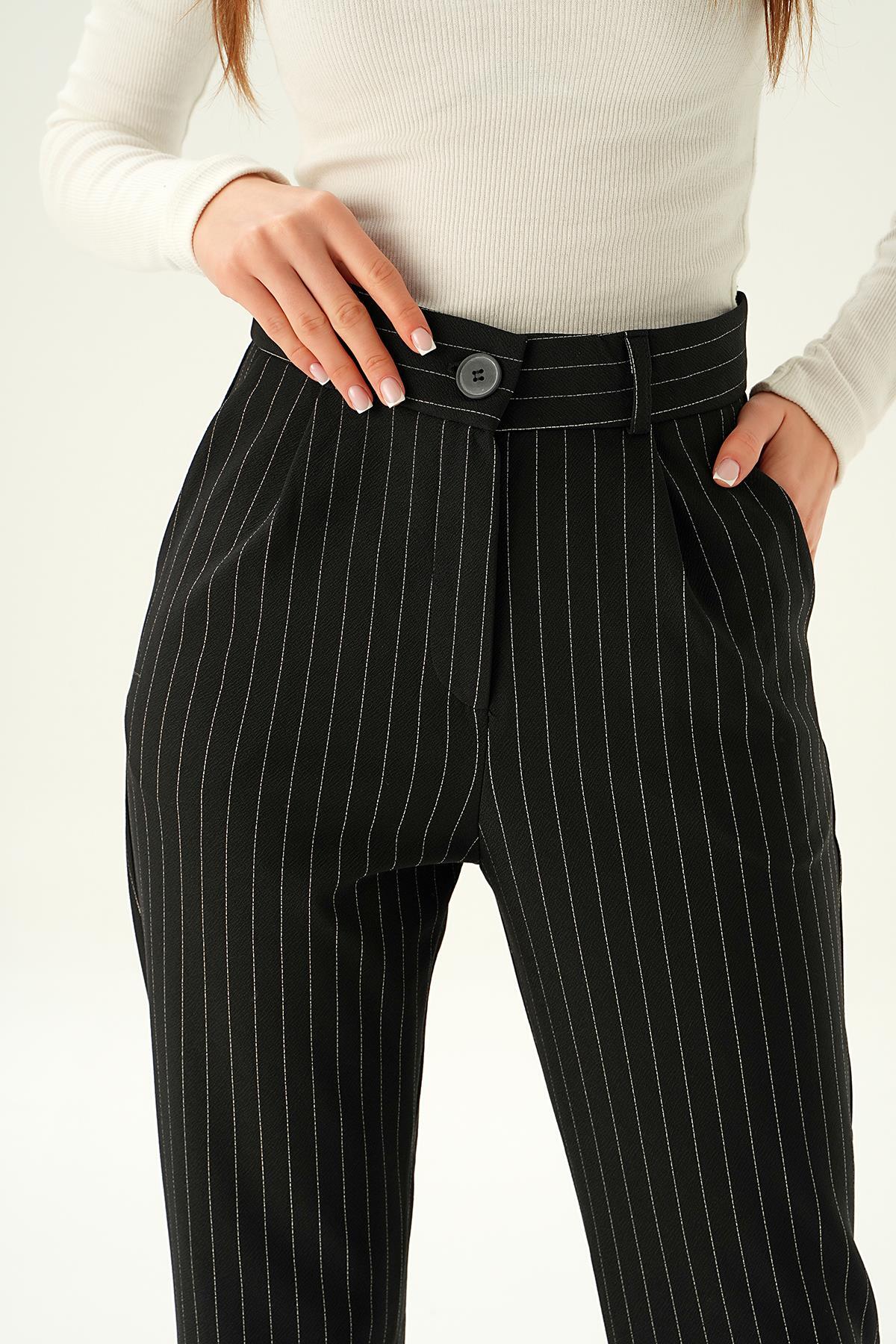 Siyah Çizgili Cepli Pantolon 6906A - 5